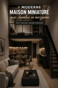 Intérieur d'une tiny house moderne avec espace de vie et chambre en mezzanine