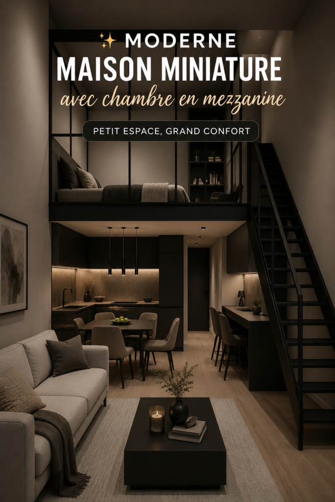 Intérieur d'une tiny house moderne avec espace de vie et chambre en mezzanine