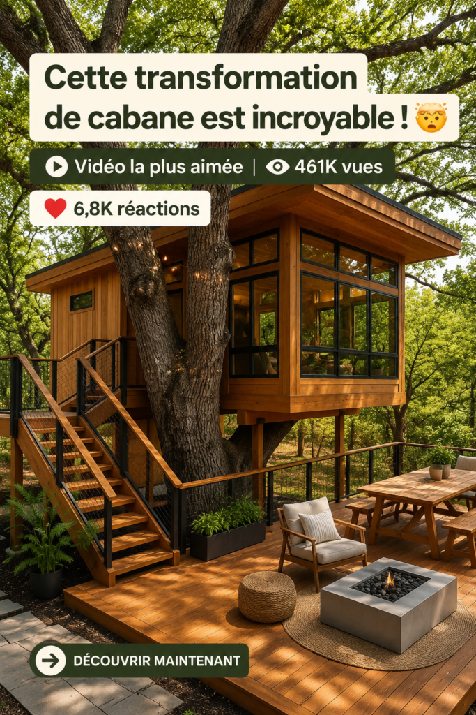 Un avant et après d'une cabane dans les arbres rénovée en espace accueillant