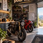 Un garage pour motos bien amenagé avec des rangements pratiques et un éclairage chaleureux.