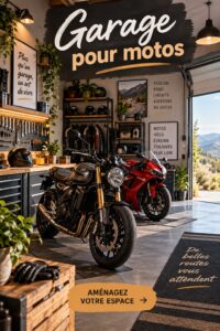 Un garage pour motos bien amenagé avec des rangements pratiques et un éclairage chaleureux.