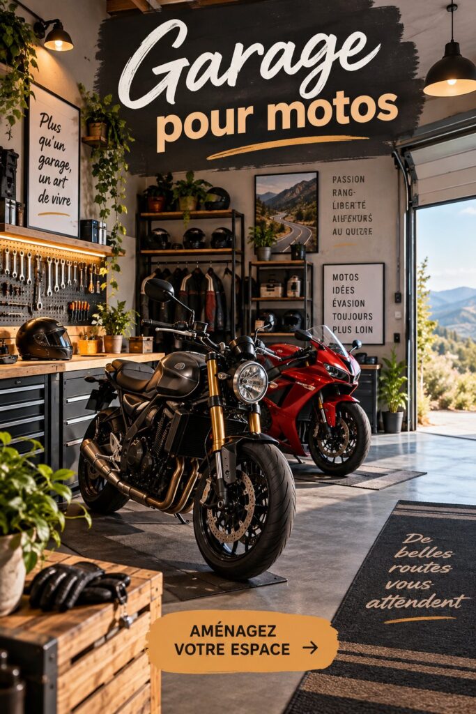 Un garage pour motos bien amenagé avec des rangements pratiques et un éclairage chaleureux.