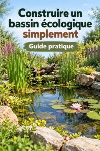 Un jardin avec un bassin écologique entouré de fleurs et de plantes aquatiques.
