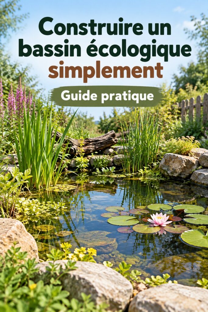 Un jardin avec un bassin écologique entouré de fleurs et de plantes aquatiques.