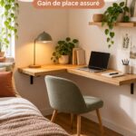 Bureau d'angle flottant dans une petite chambre moderne, optimisant l'espace.
