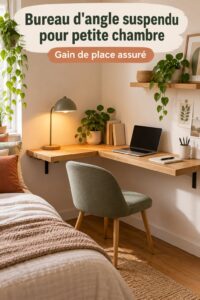 Bureau d'angle flottant dans une petite chambre moderne, optimisant l'espace.