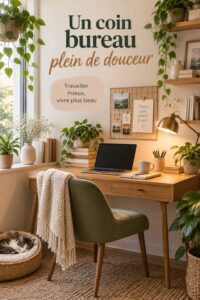Un coin bureau cocooning avec une décoration chaleureuse et des plantes