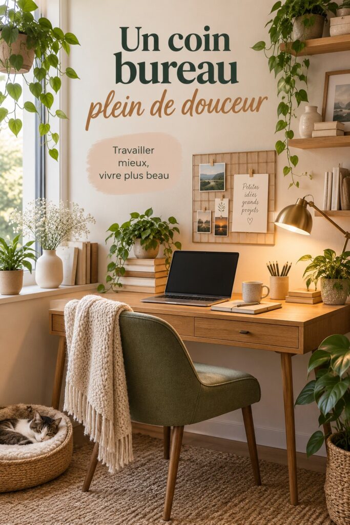 Un coin bureau cocooning avec une décoration chaleureuse et des plantes