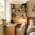 Espace de travail cosy avec un bureau dans une chambre moderne, décoré avec des plantes et des accessoires chaleureux.