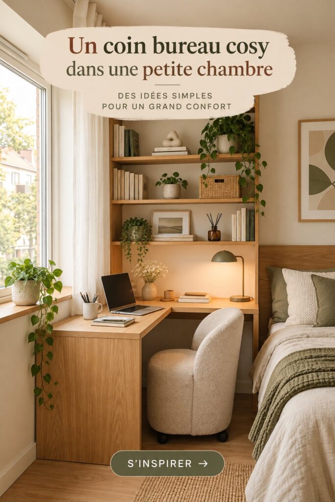 Espace de travail cosy avec un bureau dans une chambre moderne, décoré avec des plantes et des accessoires chaleureux.