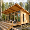 Cabane en bois rustique au milieu des conifères en Suède, créant un cadre relaxant.