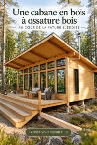 Cabane en bois rustique au milieu des conifères en Suède, créant un cadre relaxant.