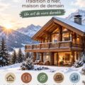 Un chalet en bois traditionnel surplombant les montagnes, illustrant l'harmonie de l'architecture avec la nature.