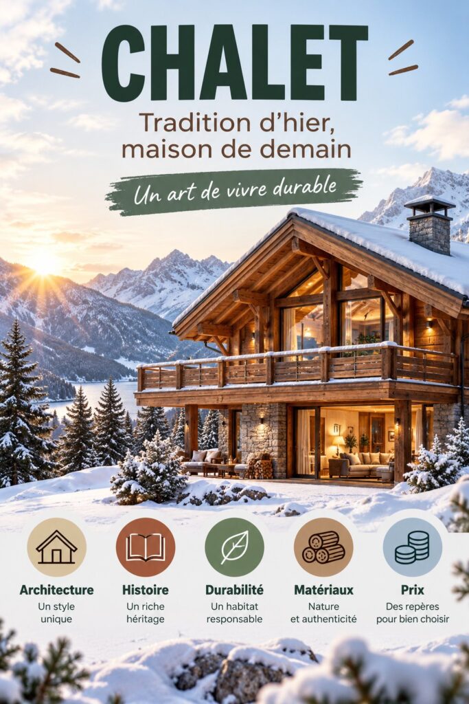 Un chalet en bois traditionnel surplombant les montagnes, illustrant l'harmonie de l'architecture avec la nature.