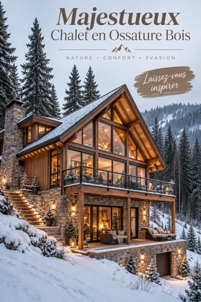 Chalet en bois majestueux entouré de nature, offrant un espace chaleureux et accueillant.