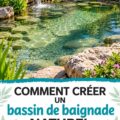 Bassin naturel avec des plantes aquatiques et siestes au bord, un espace relaxant.