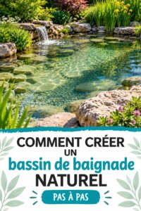 Bassin naturel avec des plantes aquatiques et siestes au bord, un espace relaxant.