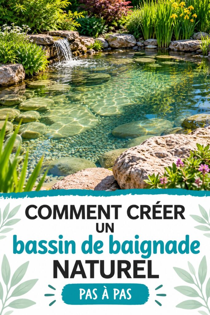 Bassin naturel avec des plantes aquatiques et siestes au bord, un espace relaxant.