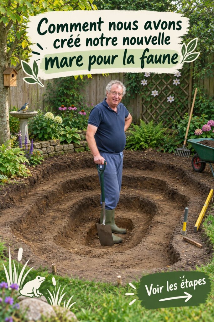 Un jardin avec un étang à faune, entouré de fleurs et de verdure.