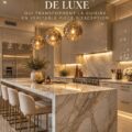 Cuisine moderne et luxueuse avec îlot central et éclairage design.