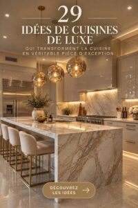 Cuisine moderne et luxueuse avec îlot central et éclairage design.