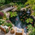Un étang de jardin avec cascades créant un espace apaisant et verdoyant.