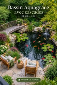 Un étang de jardin avec cascades créant un espace apaisant et verdoyant.
