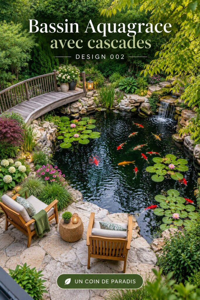 Un étang de jardin avec cascades créant un espace apaisant et verdoyant.
