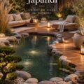 Un étang serein inspiré du style Japandi dans un jardin paisible.