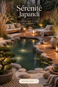 Un étang serein inspiré du style Japandi dans un jardin paisible.