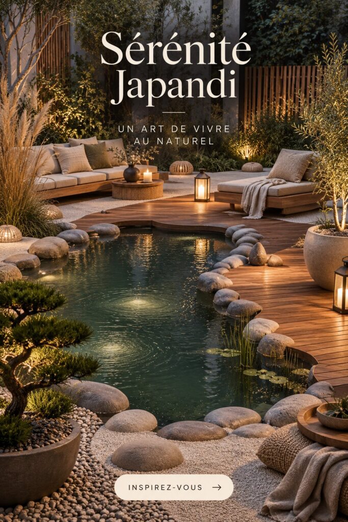 Un étang serein inspiré du style Japandi dans un jardin paisible.