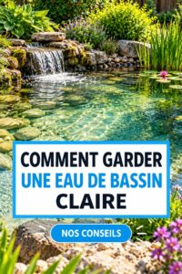 Un jardin avec un étang clair entouré de plantes aquatiques.