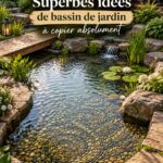 Un bassin de jardin magnifiquement aménagé avec des plantes et des pierres sur le pourtour.