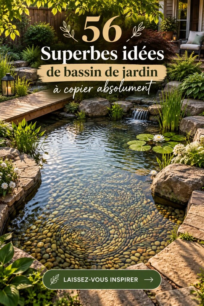 Un bassin de jardin magnifiquement aménagé avec des plantes et des pierres sur le pourtour.