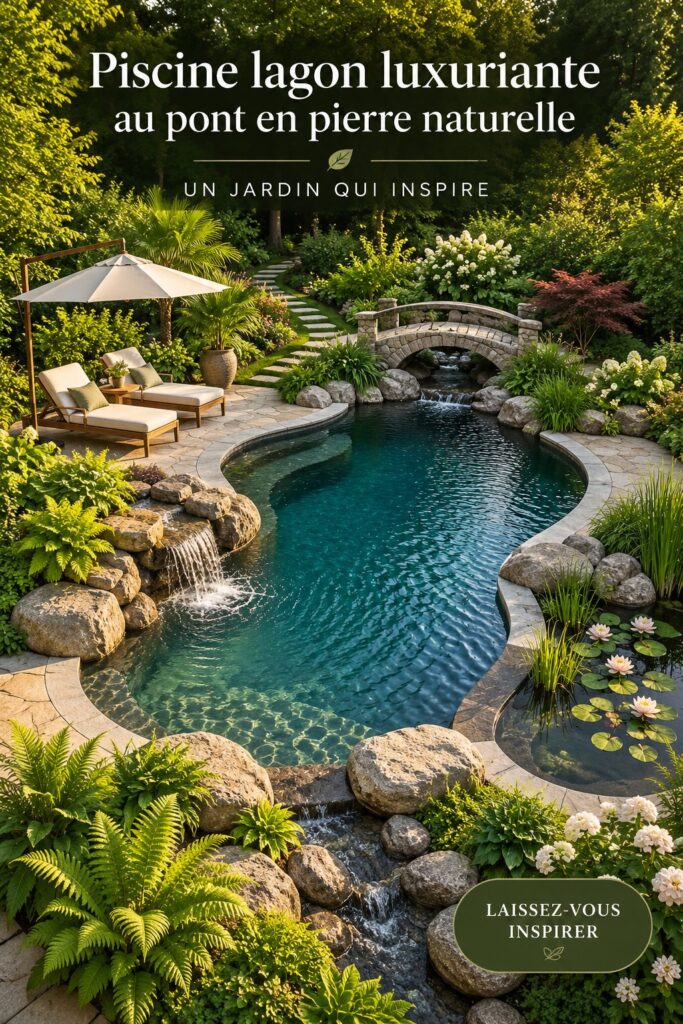 Jardin de piscine avec un beau pont en pierre naturelle