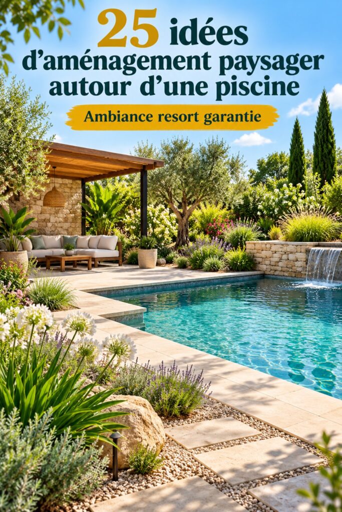 Jardin autour d'une piscine avec des plantes tropicales et un style de resort
