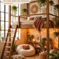 Un lit mezzanine en bois au style boho avec un coin lounge en dessous.