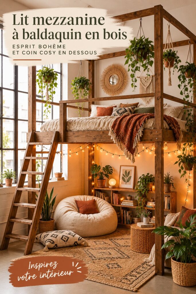 Un lit mezzanine en bois au style boho avec un coin lounge en dessous.