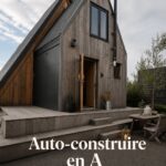 Une maison en A-Frame construite en bois, entourée de verdure, illustrant un style de vie simple et chaleureux.