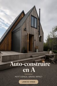 Une maison en A-Frame construite en bois, entourée de verdure, illustrant un style de vie simple et chaleureux.