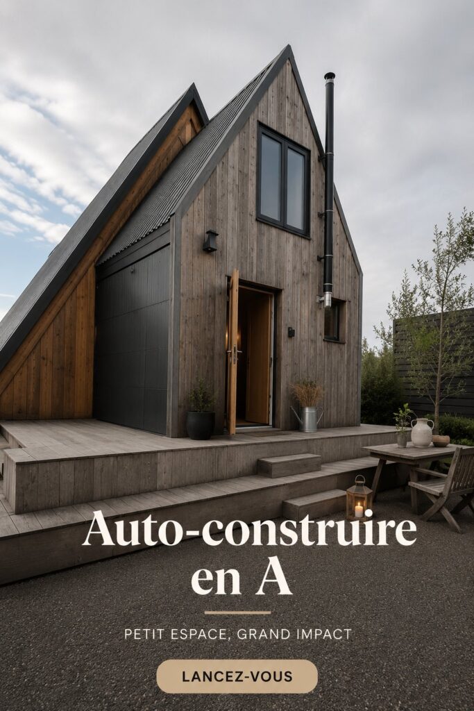 Une maison en A-Frame construite en bois, entourée de verdure, illustrant un style de vie simple et chaleureux.
