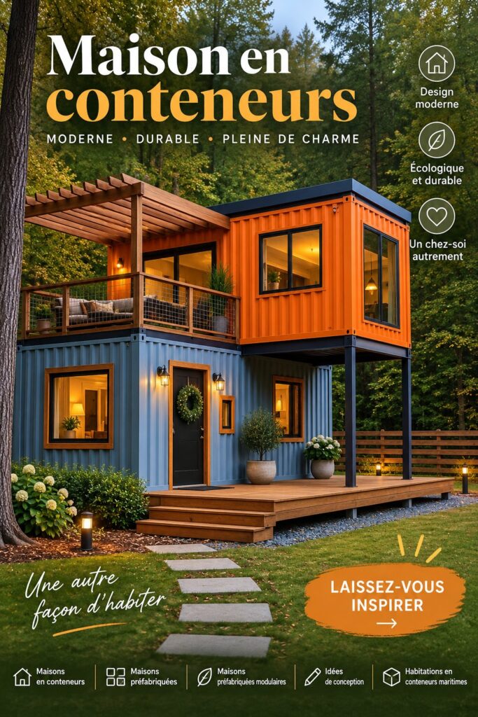 Maison en conteneur moderne avec des fenêtres et un jardin