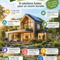 Maison moderne avec panneaux solaires, axée sur la durabilité et l'énergie nette zéro.