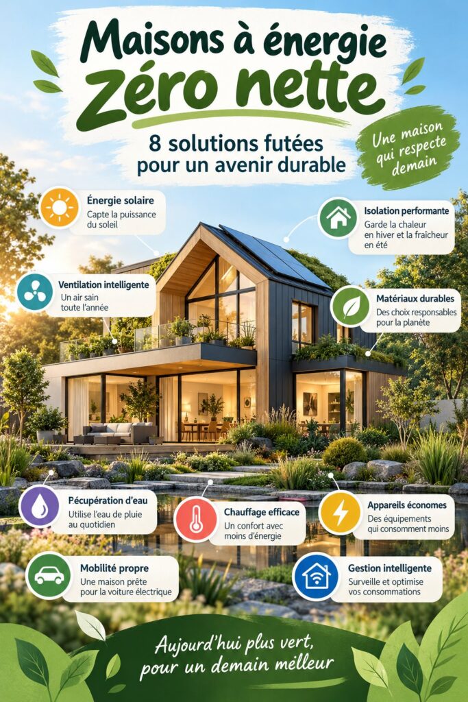 Maison moderne avec panneaux solaires, axée sur la durabilité et l'énergie nette zéro.