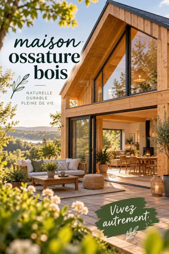 Maison en ossature bois avec un design moderne et naturel, entourée de verdure.