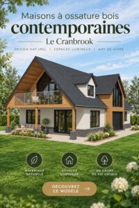 Maison à ossature bois moderne, alliant design contemporain et environnement chaleureux.