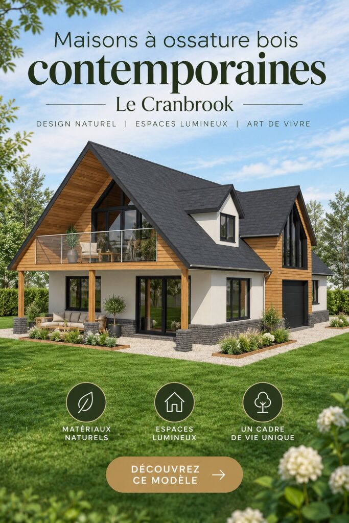 Maison à ossature bois moderne, alliant design contemporain et environnement chaleureux.