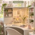 Bureau compact et organisé dans un petit espace avec des éléments décoratifs chauds.