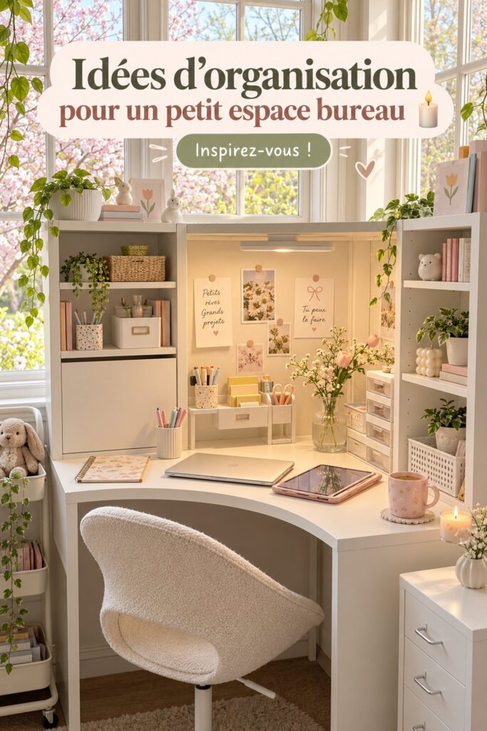 Bureau compact et organisé dans un petit espace avec des éléments décoratifs chauds.