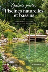 Piscine naturelle entourée de verdure dans un jardin paisible.